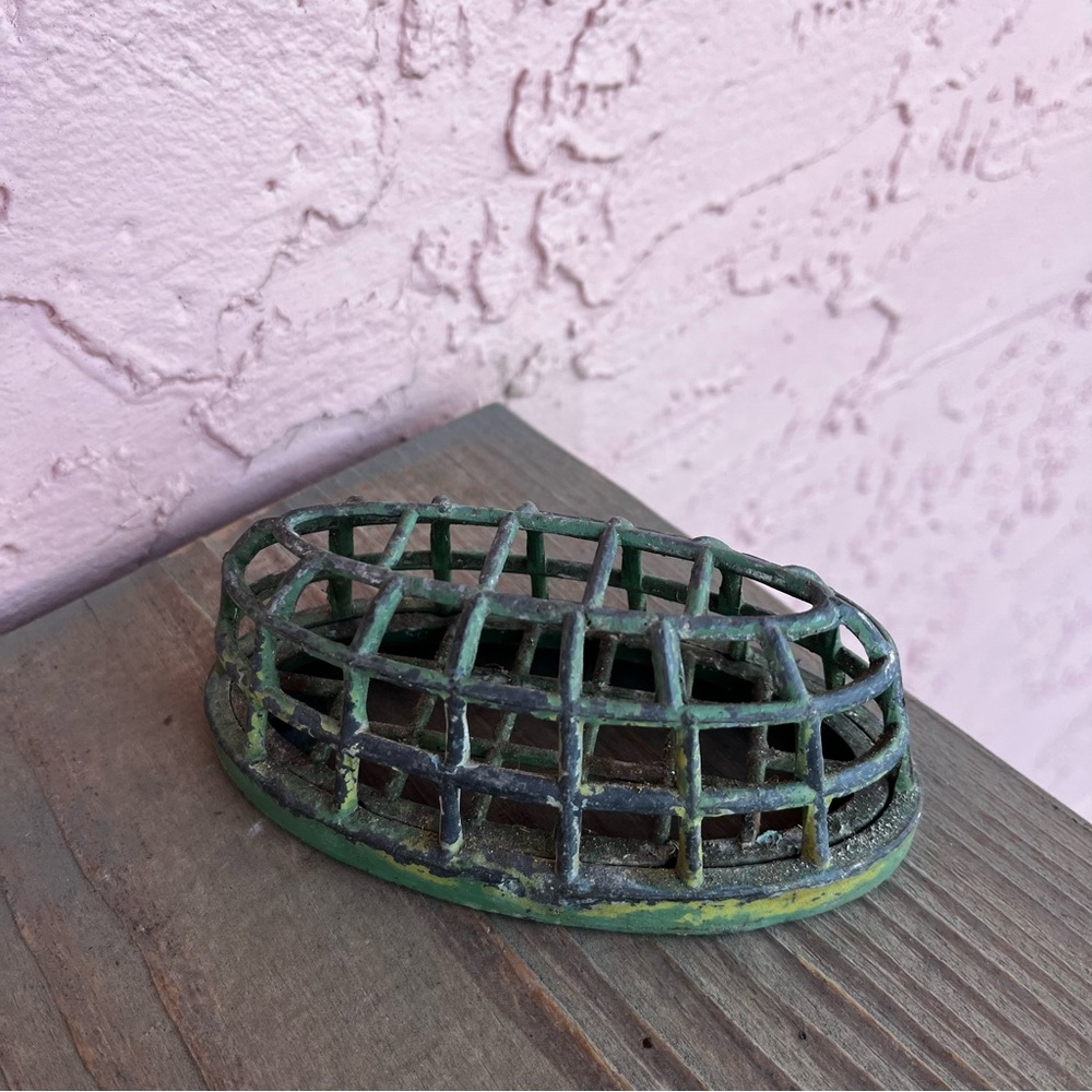 Vintage Metal Cage Style Flower Frog Green Patina Distressed